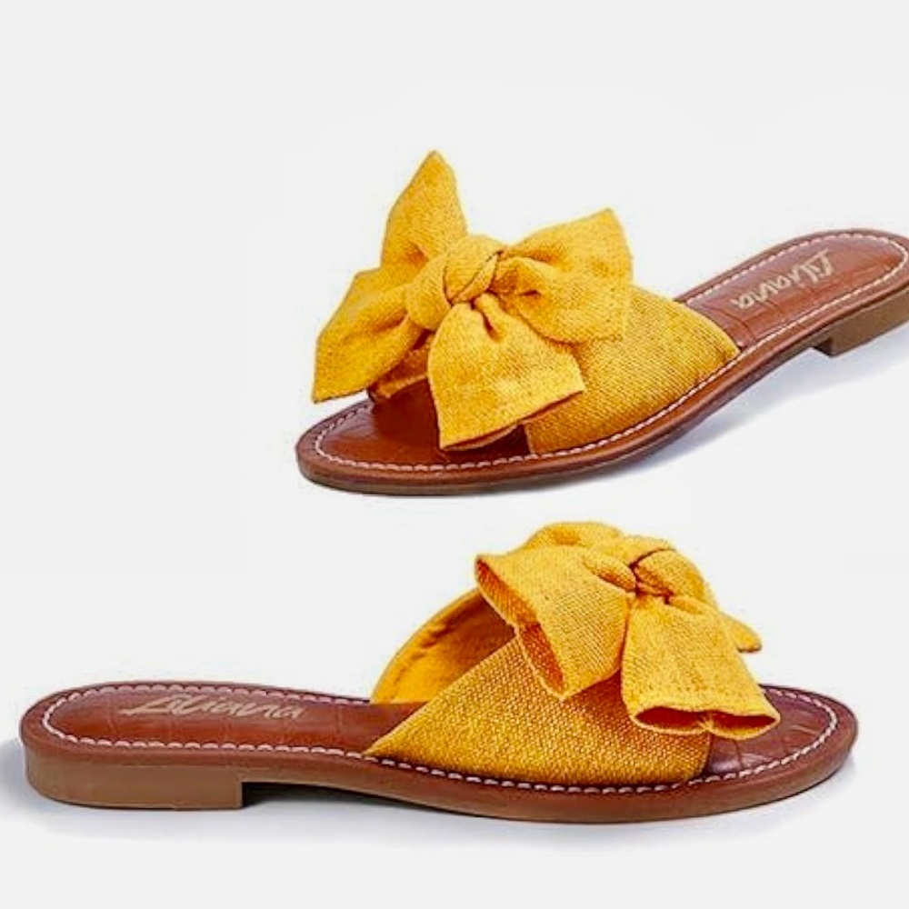 Liliana Clarissa Sz 10 Flat Sandals Yellow Linen Look Bow NWOT Slip On
